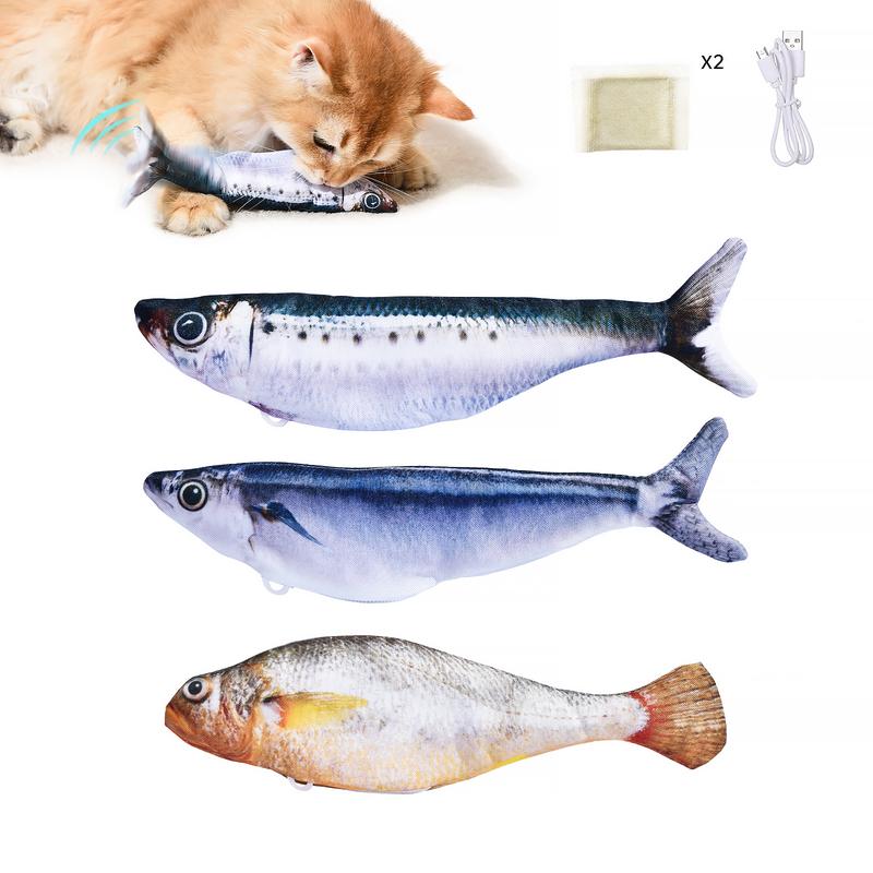 Bitesized Realistic Flopping Fish Cat Toys, 3 Pack, Interactive Cat toys for All Breeds, Tap-Activated 3 Flapping Mode, Sardine/Saury/Yellow Croaker, 7.1 Inches, with Catnip, Rechargeable