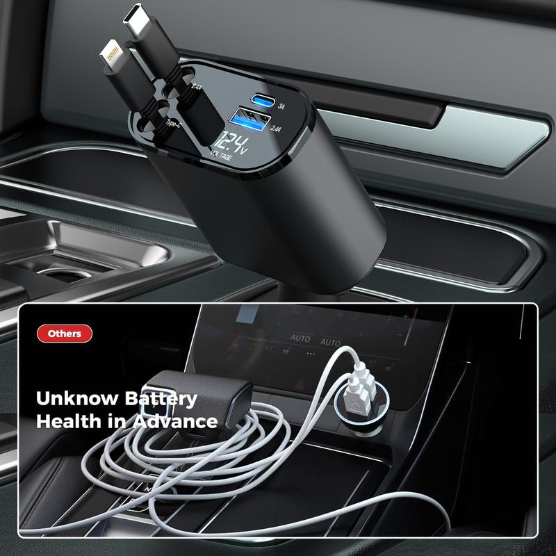 4-in-1 Retractable Car Charger, 100W USB-C Fast Adapter with Lightning Cable & Dual Ports for iPhone, iPad, AirPods, Samsung, Google Pixel