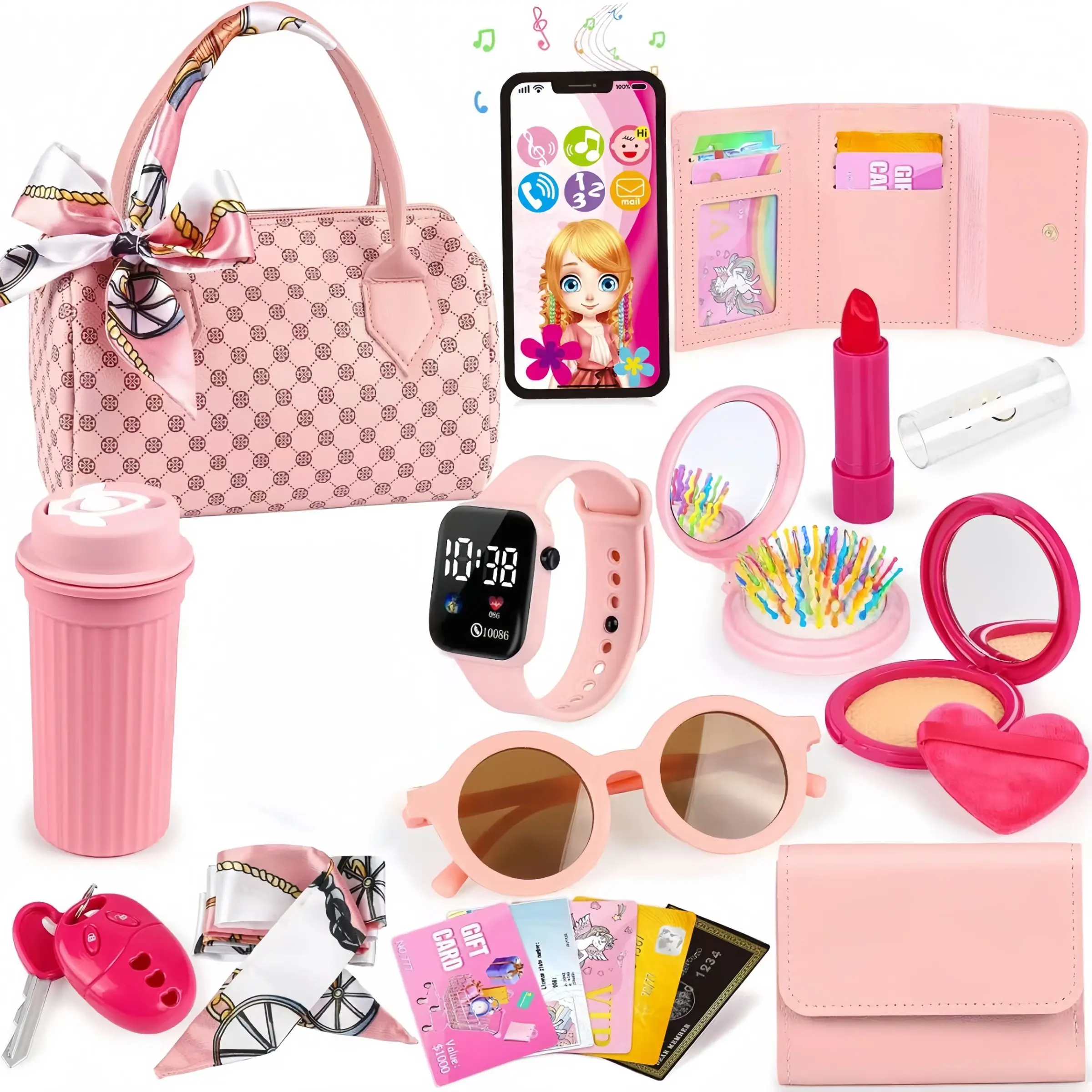 Realistic Girl Handbag Toy Set, Colorful Pretend Play Accessories, Includes Phone Wallet Makeup Toys.