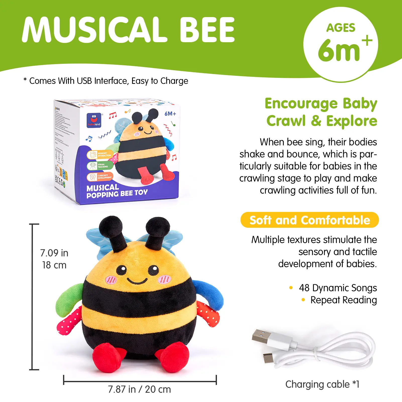 Crawling Musical Dancing Bouncing Learning Bee Plush,Abeja que baila/Abeja que canta/ Interactive,48 Songs & Repeat what you say,Tummy Time Toy infant toy for Birthday 0-3 Months/6-12 Months,Cute Gifts Play