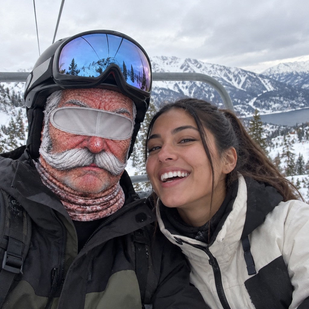 A man on a chairlift in the Grandpa mask under a ski helmet with goggles on top, a laughing woman beside him