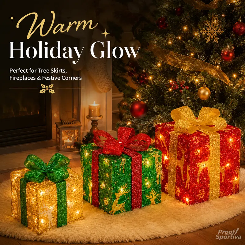 3pc Magical Plastic Christmas Ornaments Set with Gift Box - 8 Modes, Remote Control, Warm Light LED Lights, Ribbon Accents, DIY Assembly, AA Battery Powered (Battery Not Included) for Indoor/Outdoor Camping Hiking Use