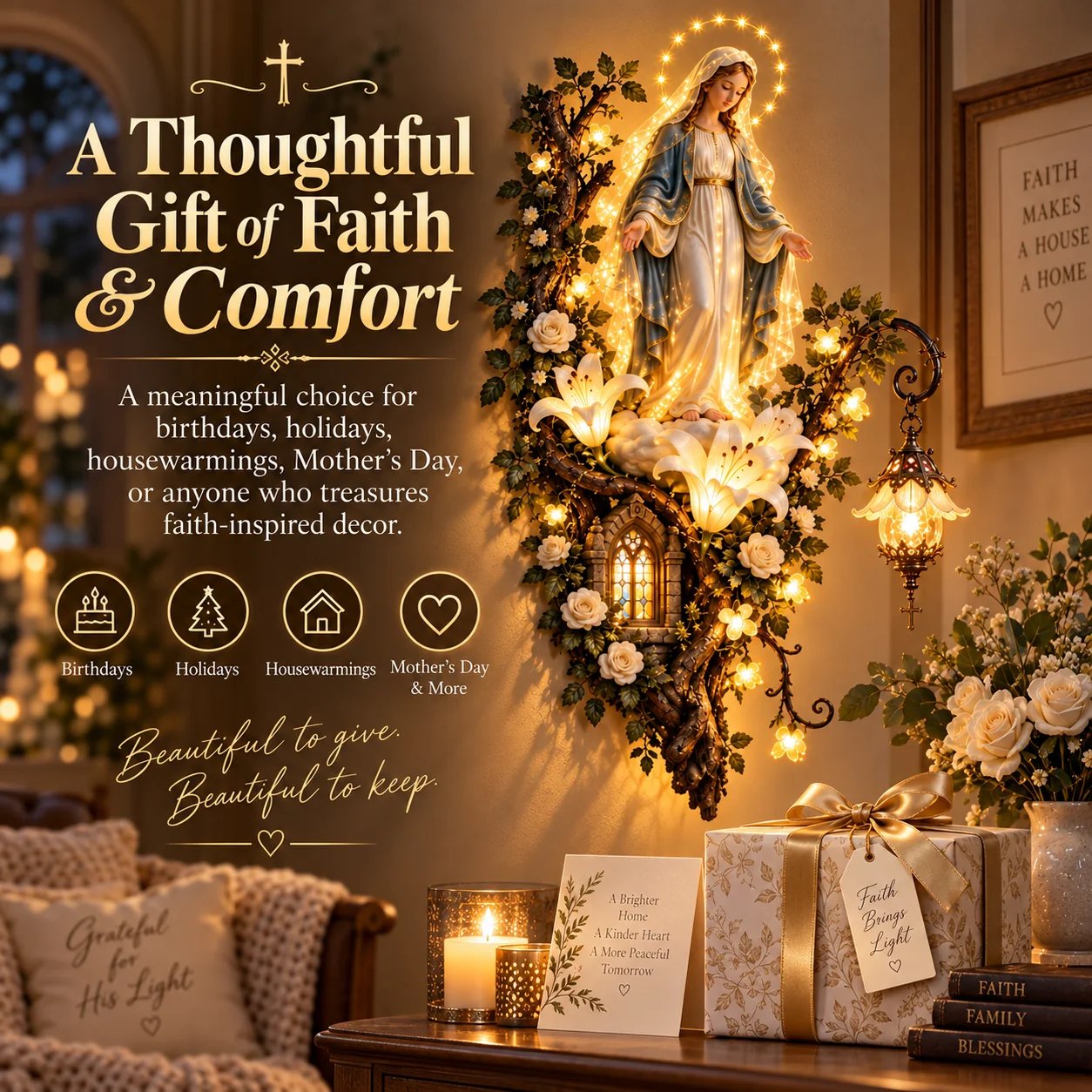 🙏✨ Blessed Mother Lighted Wall Décor | Virgin Mary 3D Religious Wall Art with Warm Ambient Glow
