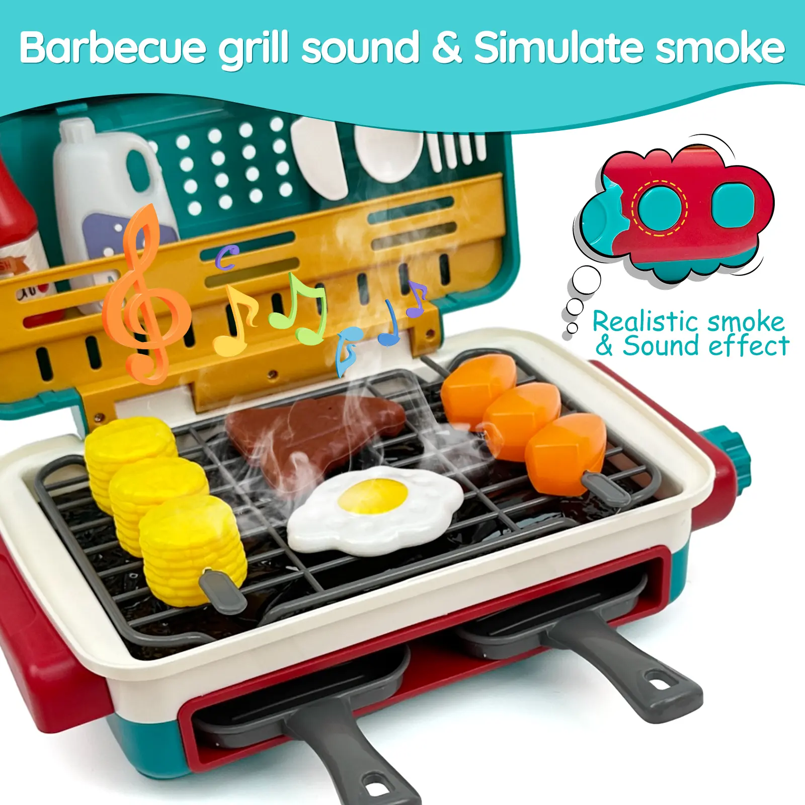 Kids BBQ Grill Playset with Smoke Light Sound, Toy Grill Set with Play Food Cooking Accessories, Pretend Kitchen Toy