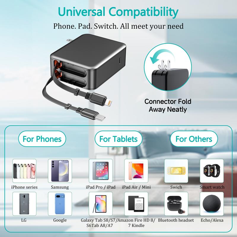 4-in-1 Retractable Car Charger, 100W USB-C Fast Adapter with Lightning Cable & Dual Ports for iPhone, iPad, AirPods, Samsung, Google Pixel