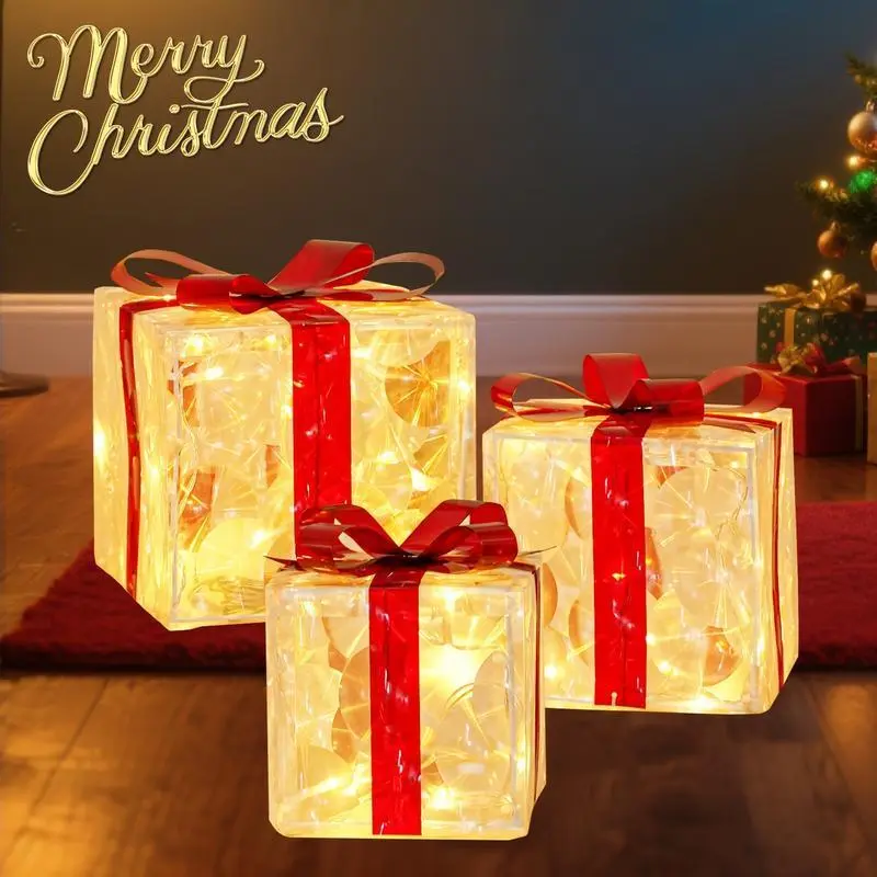 3pc Christmas Ornaments Gift Box LED Lanterns with Remote & Warm Light