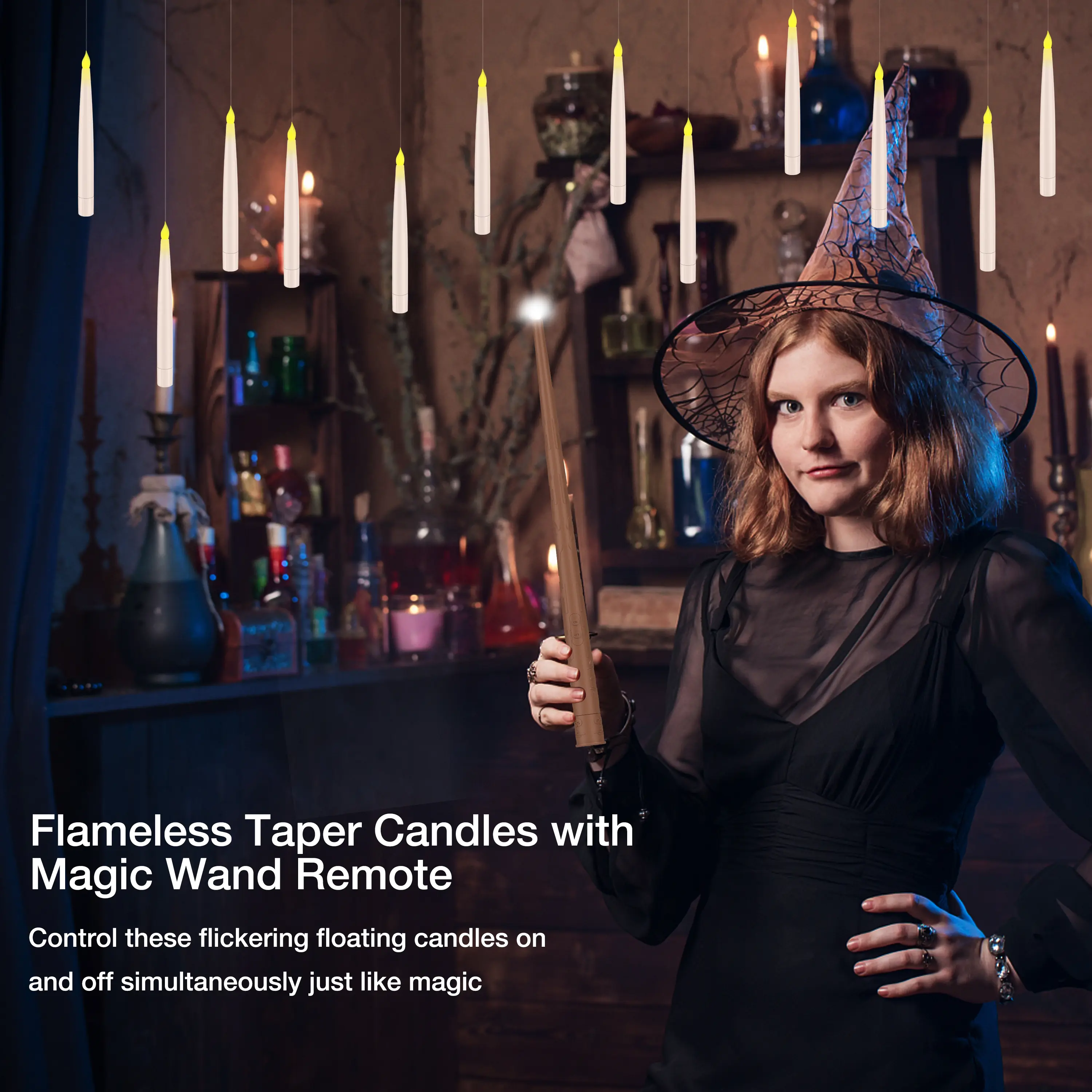 Flameless Candles with Magic Wand Remote for Christmas Decor, Floating Candles Battery Operated Hanging Window Candles, Flickering Electric LED Candle for Christmas Halloween Decorations