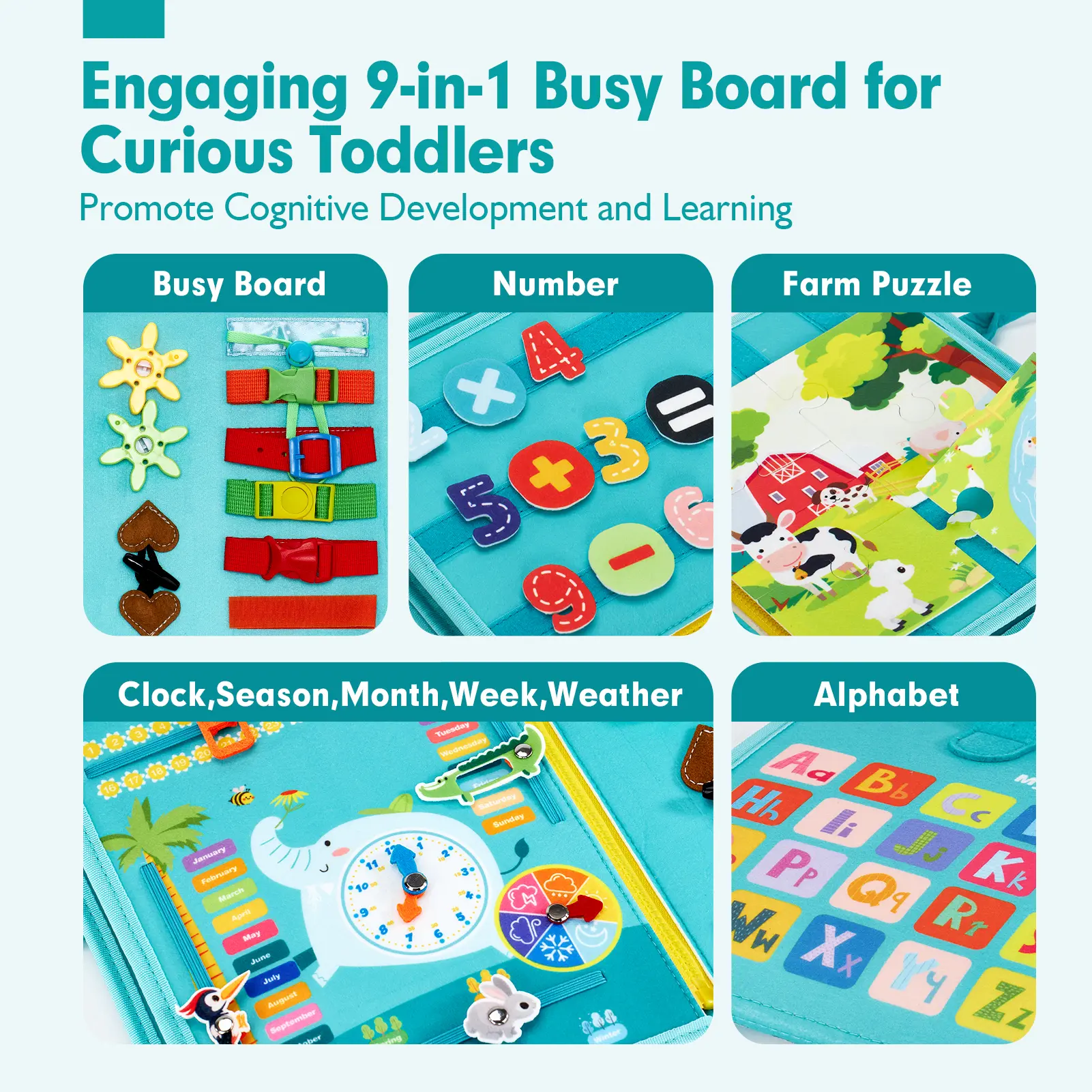  Preschool Busy Board, Unisex Montessori Felt Fabric Toy for Toddlers, Learning Activities for Fine Motor Skills, Portable Travel Book with Carry Handle, Carry Handle Makes Travel Play Easy