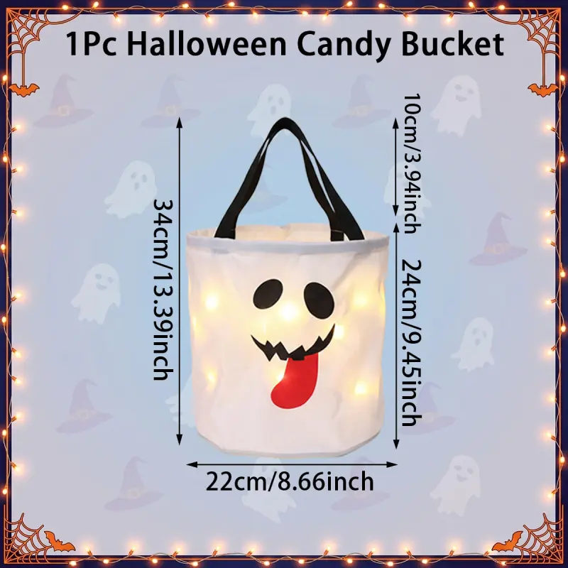 Halloween Candy Bucket with LED Lights, 13.39x8.66 Inch Trick or Treat Bags Non Woven Gift Bags Pumpkin Candy Bags Reusable Tote Bags for Kids Students Adults, Night Light Bags for Garden Lawn Decorations, Halloween Christmas Party Favor Supplies