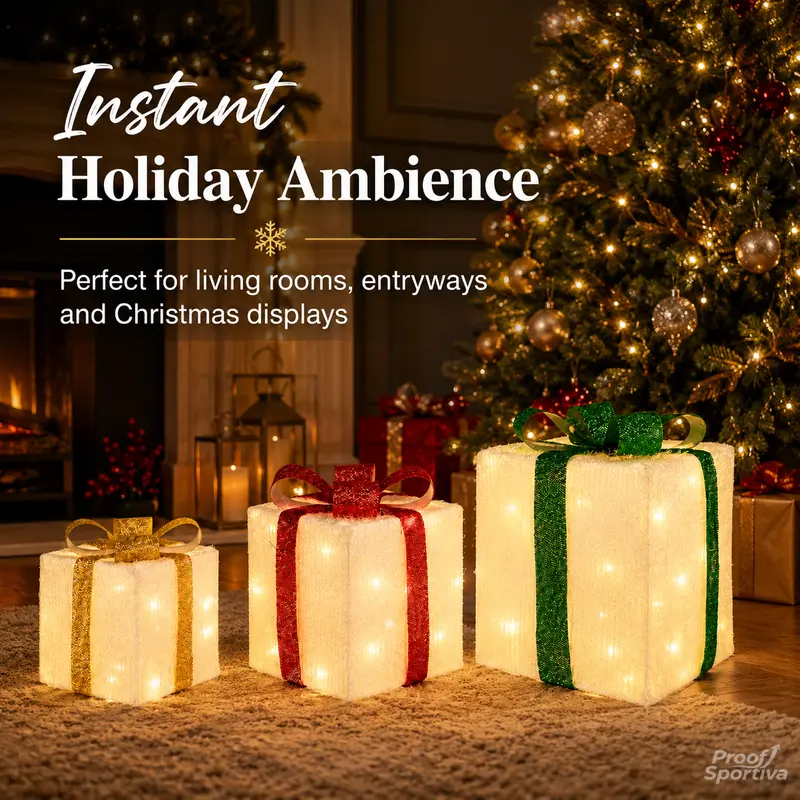 3pc Christmas Ornaments Gift Box LED Lanterns with Remote & Warm Light
