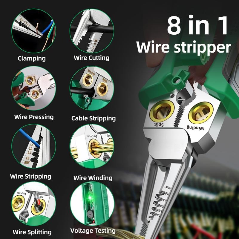 8 in 1 Wire Stripper Twister for Cutting and Pulling Wires, Voltage Tester Pliers,Cable Scissors, 12V to 250V Live,Null,Hot Wire Judgment AC DC, Audible and Flashing LED Alarms