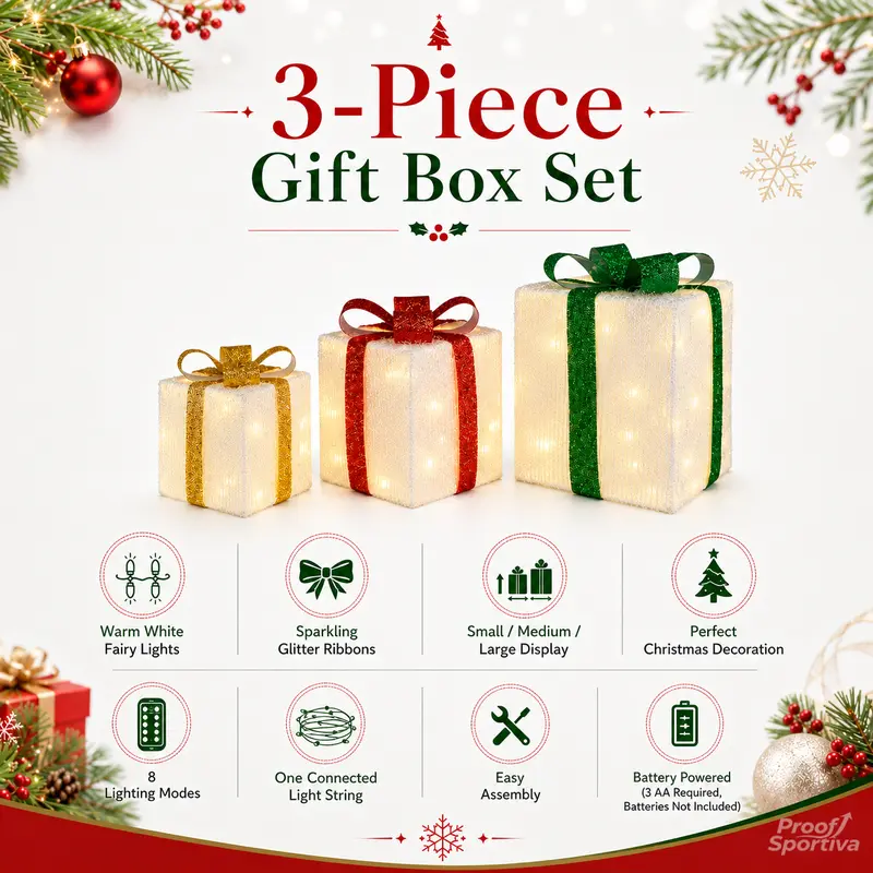3pc Magical Plastic Christmas Ornaments Set with Gift Box - 8 Modes, Remote Control, Warm Light LED Lights, Ribbon Accents, DIY Assembly, AA Battery Powered (Battery Not Included) for Indoor/Outdoor Camping Hiking Use