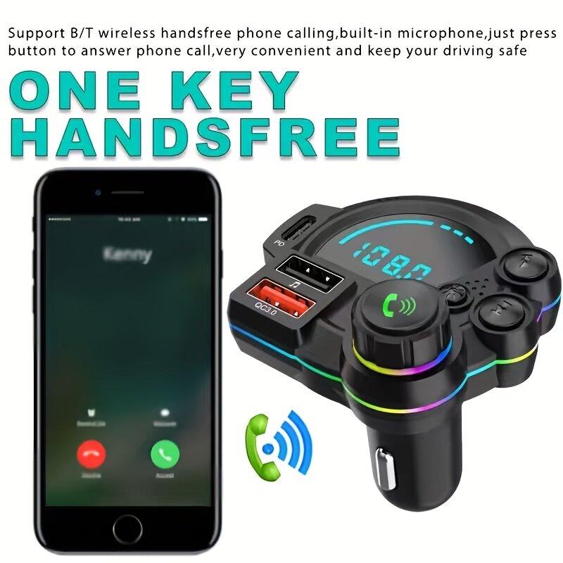 PD 30W Type-C Car Charger & Bluetooth 5.3 FM Transmitter, Wireless MP3 Player with Dual USB Ports, Bass Sound Enhancer, RGB Glowing Radio Adapter, Hands-Free Calls, Car Accessories & Road Trip Essentials, Compatible with 12V-24V