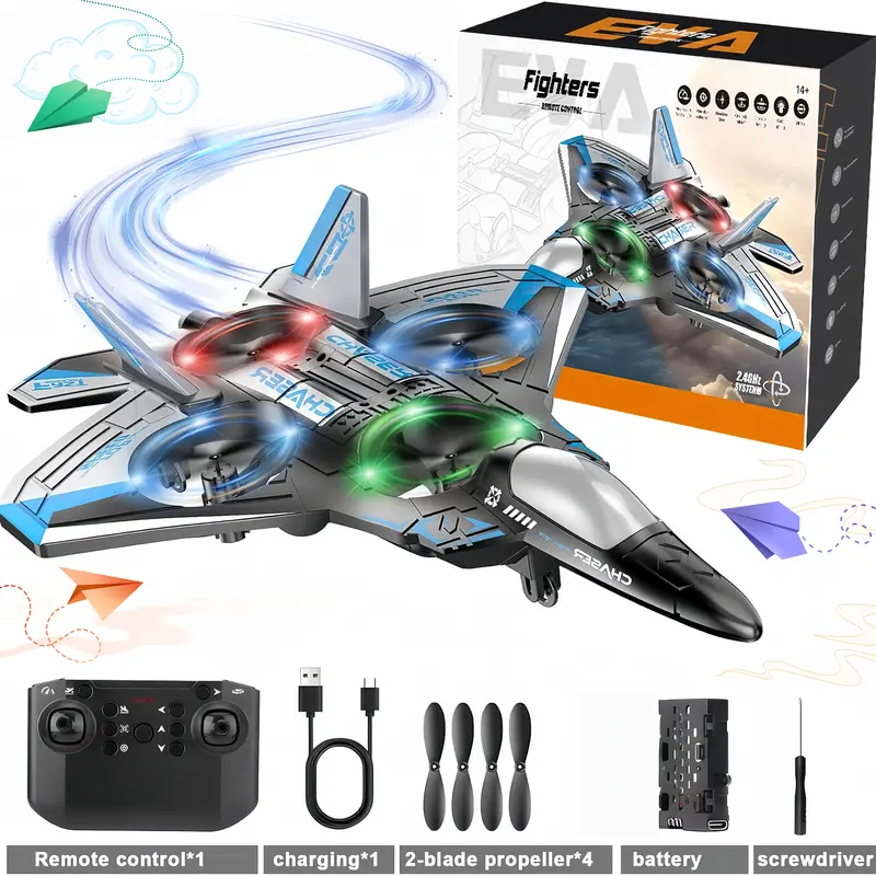 Unisex Kids RC Flying Fighter Jet Toy - Durable EVA Foam, Wireless Remote Controller Aeroplanes, Multiple Flying Modes, Adjustable Speed, Cool Stunt Rotation, Rechargeable Battery, LED Lights, Learning Toy.