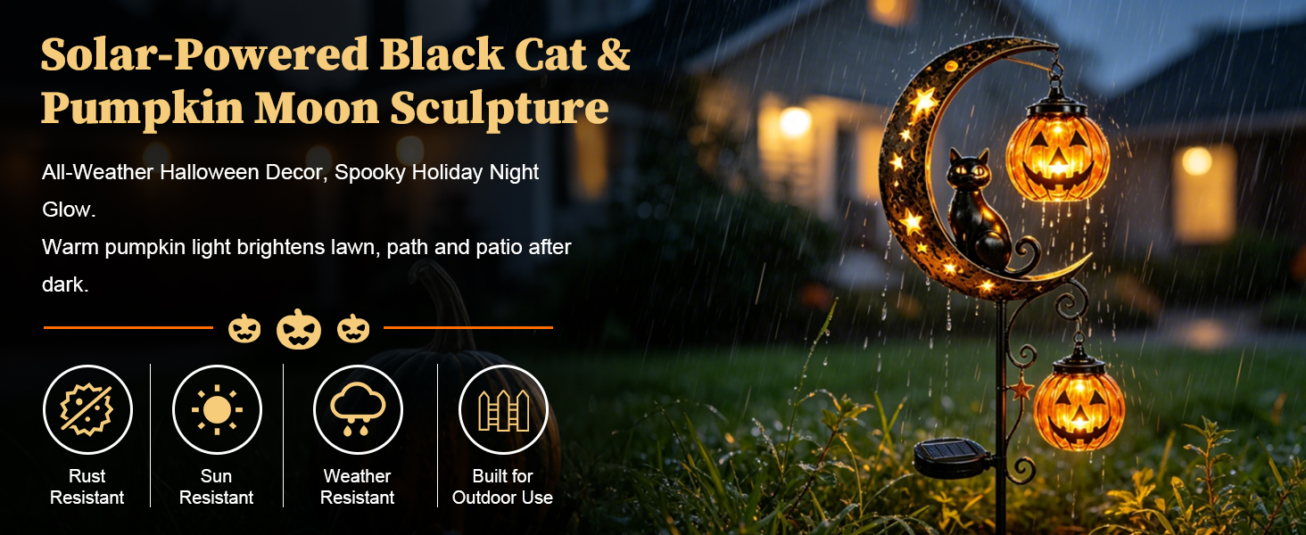 Solar Halloween Black Cat &amp;amp; Pumpkin Moon Garden Stake Light