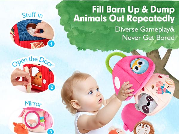 hahaland Surprise Barn with Stuffed Farm Animals/Bunny Mushroom:Rattle, Crinkle Paper, Mirror - Montessori Developmental toddler  Toys,Farm Plush Toys for Babies Travel Toy,For 0-3 Months/6-12  Months gift Playpen Nursery