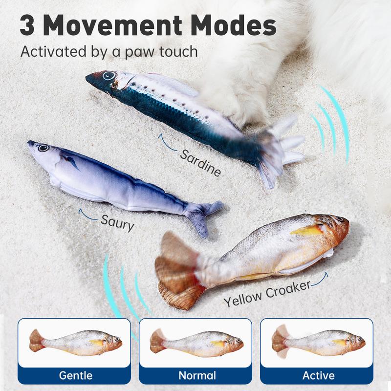 Bitesized Realistic Flopping Fish Cat Toys, 3 Pack, Interactive Cat toys for All Breeds, Tap-Activated 3 Flapping Mode, Sardine/Saury/Yellow Croaker, 7.1 Inches, with Catnip, Rechargeable