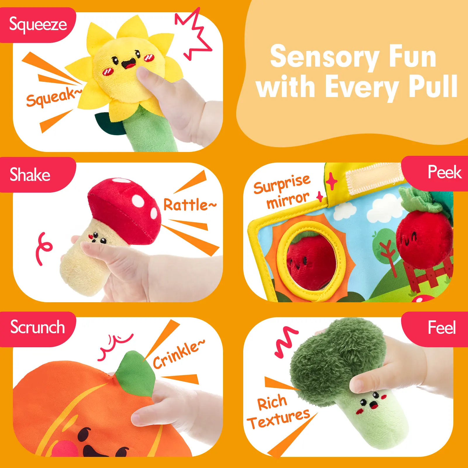 My First Garden Stuffed Toys Set-Fruits Vegetables Garden Plant Plush-Sensory for Babies 6-12 Months,Montessori Sensory Toy Carrot Flower with Rattles Mirror Squeaker Textures , Baby Gifts,Soft Huggable Stuffedtoy,Durable Soft Fluffy