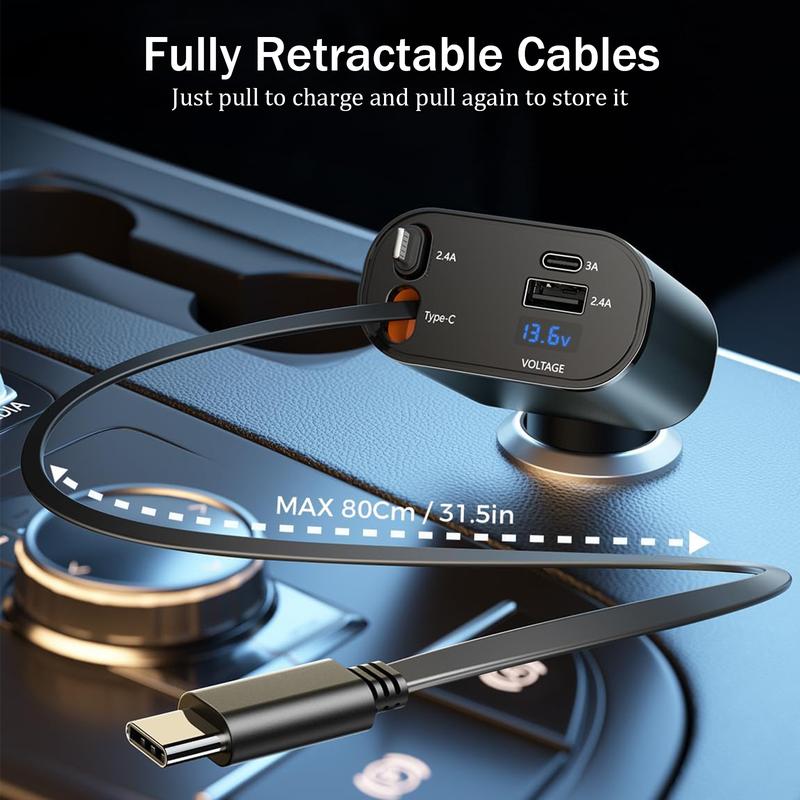 4-in-1 Retractable Car Charger, 100W USB-C Fast Adapter with Lightning Cable & Dual Ports for iPhone, iPad, AirPods, Samsung, Google Pixel