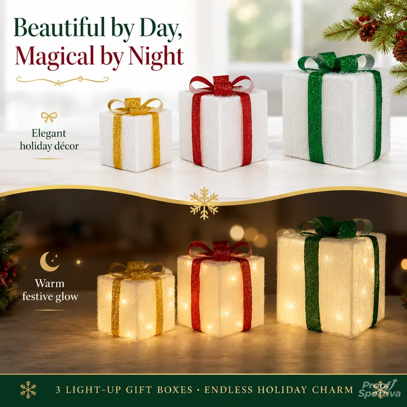 3pc Magical Plastic Christmas Ornaments Set with Gift Box - 8 Modes, Remote Control, Warm Light LED Lights, Ribbon Accents, DIY Assembly, AA Battery Powered (Battery Not Included) for Indoor/Outdoor Camping Hiking Use