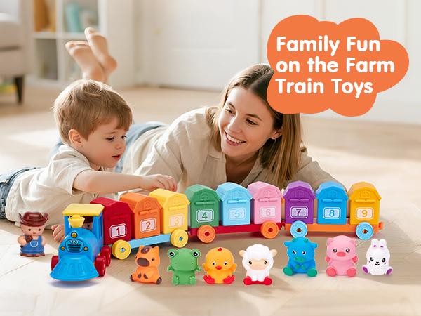 Hahaland Toddler Counting Matching & Sorting Activity Montessori Farm Train Set with Farm Animals Finger Puppets Keys to Lock and Unlock Barn Birthday Gift for Boys Girls 1-3Year Old Busy Board Magnetic Building Blocks