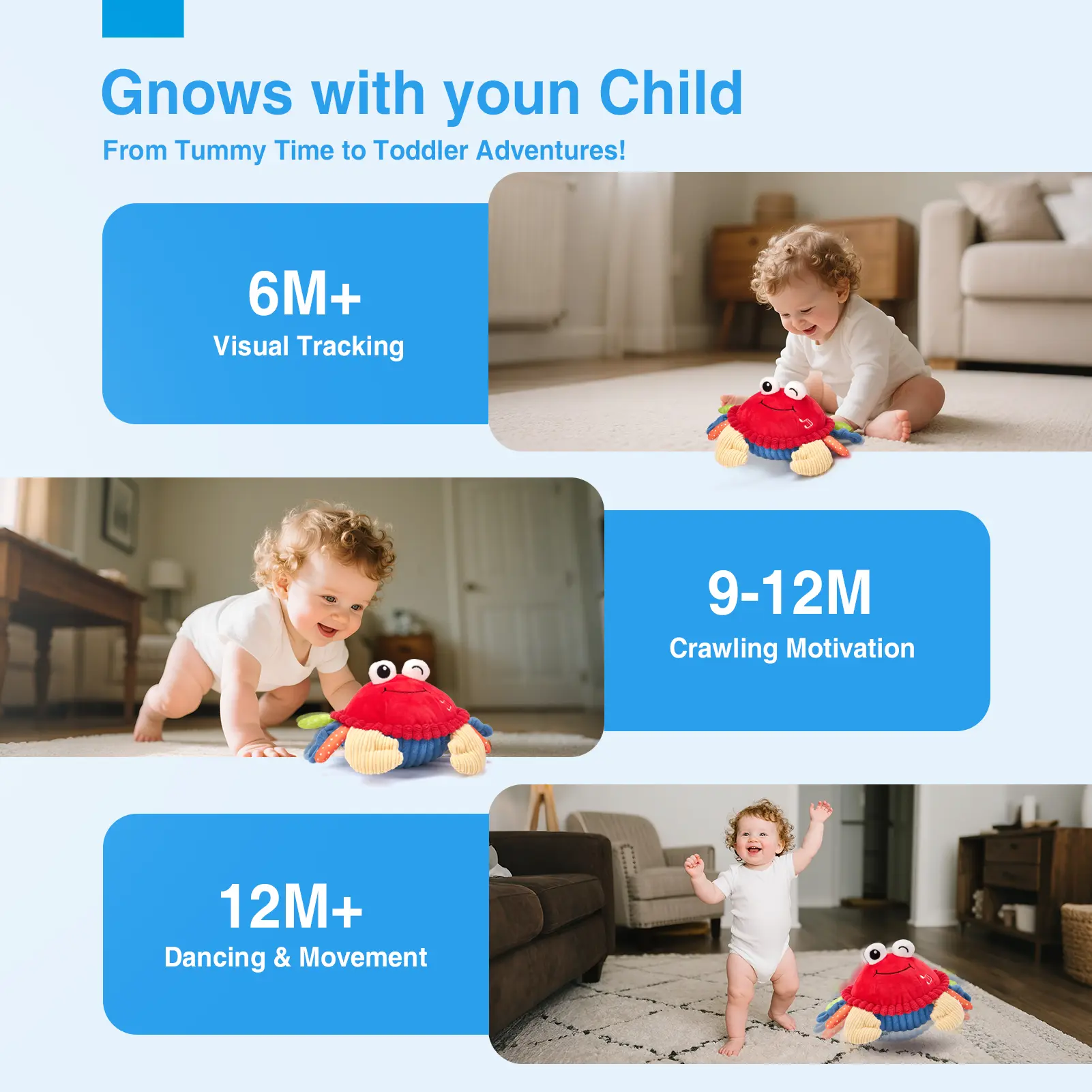 Musical Crab Plush Toy - 48 Songs & Repeat What You Say - Crawling Musical Dancing Walking Bouncing Moving Bouncing Talking Learning Crab-Sensory Toddler Toys for Birthday Tummy Time Toy 0-3 Months/6-12 Months,Mothersdaygift/newborngift