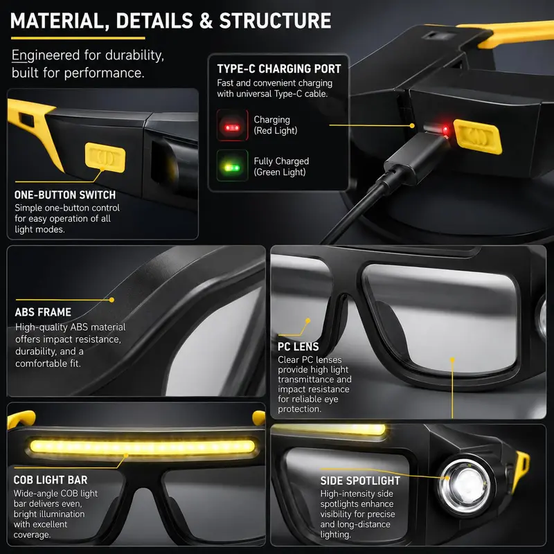 Rechargeable LED Headlamp Glasses - Hand-Wave Sense, Type-C USB Charging, 5-Mode COB Lights, Dual Side Spotlights, IPX4 Waterresist, Lightweight Motorcycle Accessories for Camping, Automotive Tasks