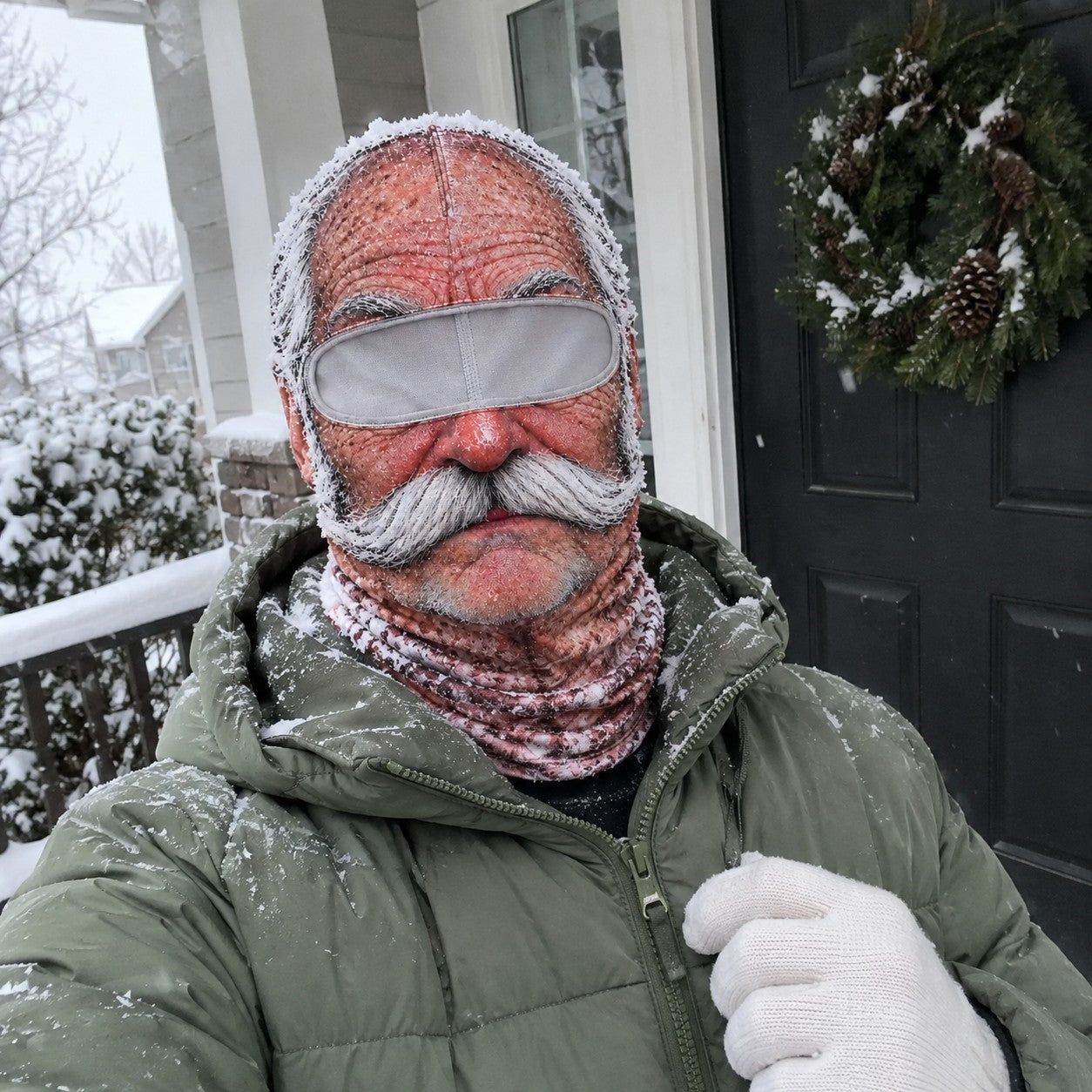 An adult in a sage puffer coat and white gloves on a snowy front porch with a wreath, wearing the Grandpa mask, phone photo