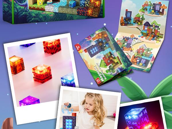 Magnetic Blocks-150PCS Magnetic Building,Portal Dinosaur Red Brick，Light Up Magnet Cubes, STEM Montessori Sensory Toys for Kids Boys Girls Ages 4-8 Christmas Birthday Gifts Multifunction