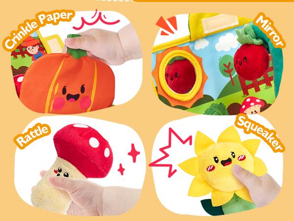 hahaland My First Garden Stuffed Toys Set-Fruits Vegetables Garden Plant Plush-Sensory for Babies 6-12 Months,Montessori Sensory Toy Carrot Flower with Rattles Mirror Squeaker Textures , Baby Gifts,Soft Huggable Stuffedtoy,Durable Soft Fluffy