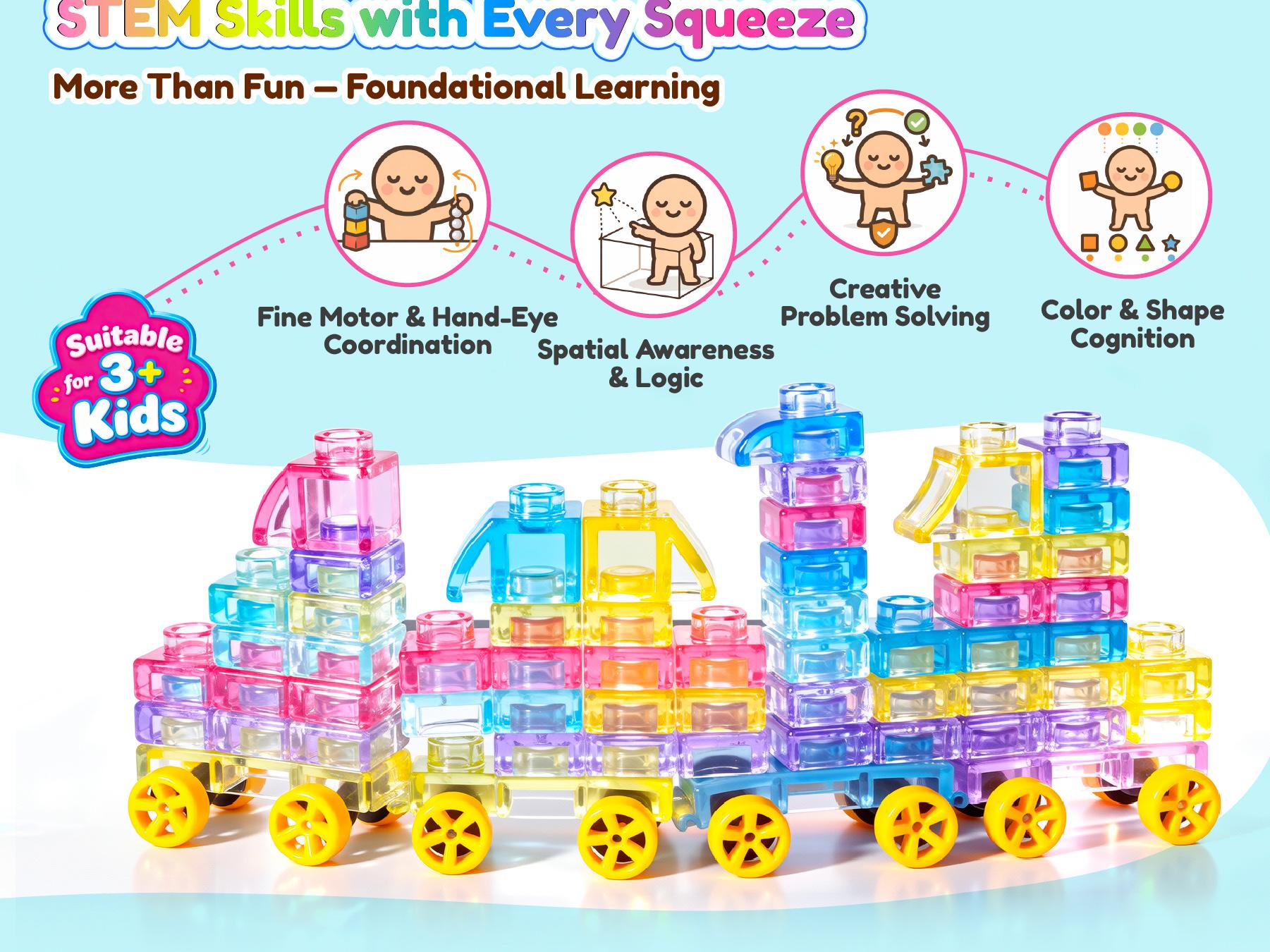 JOYSPOT Soft Jelly Building Blocks, Squishy Multi-color Stacking Building Blocks Toy Set, Non-toxic Sensory Tactile Play Toy Safe Squeezable & Stretchable Fun, Puzzle Blocks for Kids Early learning Preschool STEM Creative Construction Bath Toy Age 3+ tikt