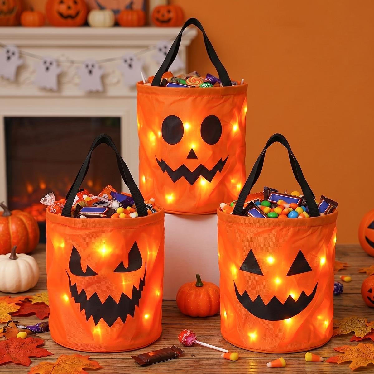 3/4 Pcs Halloween Candy Bucket with LED Lights, 13.39x8.66 Inch Trick or Treat Bags Non Woven Gift Bags Pumpkin Candy Bags Reusable Tote Bags for  Kids Students Adults, Night Light Bags for Garden Lawn Decorations, Halloween Christmas Party Favor Supplies
