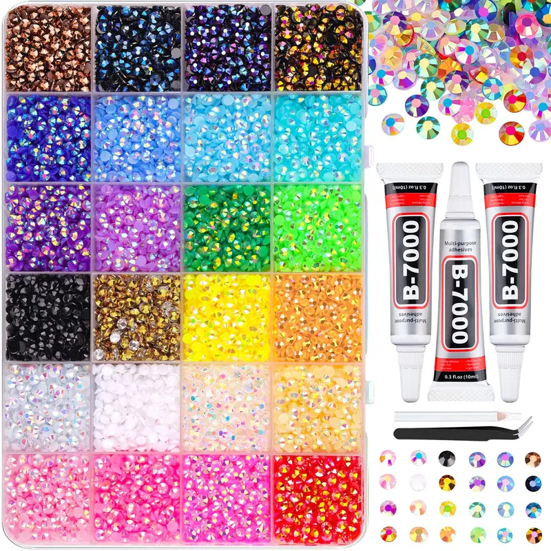VIBRANT GEMS 32000Pcs Resin Rhinestones with Tweezers for Crafting Mixed-Color 3mm Bedazzling Crystal with 3Pcs 10ml B7000 Jewelry Glue for DIY Crafts Clothing Tumblers Shoes Fabric Nail Art Colorful