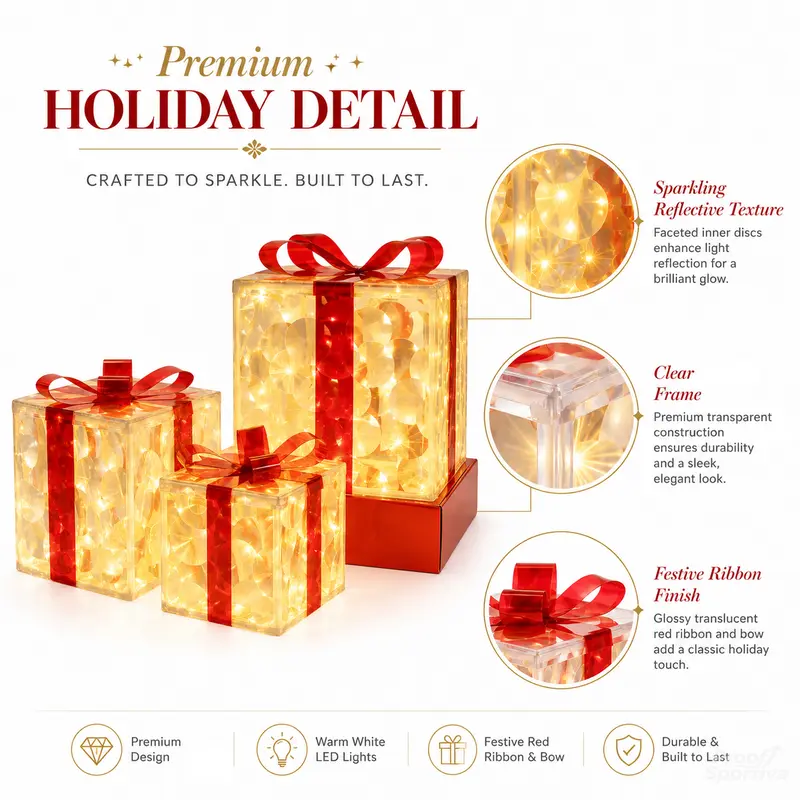 3pc Magical Plastic Christmas Ornaments Set with Gift Box - 8 Modes, Remote Control, Warm Light LED Lights, Ribbon Accents, DIY Assembly, AA Battery Powered (Battery Not Included) for Indoor/Outdoor Camping Hiking Use