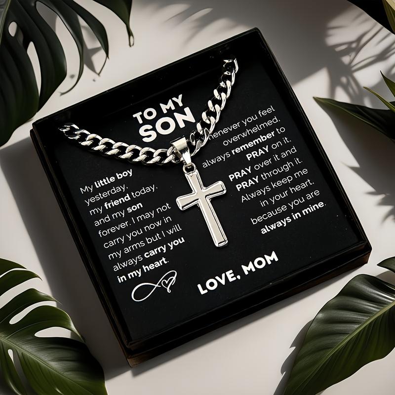 1pc "to My Son" Stainless Steel Cross Pendant Necklace, Birthday Gift, Valentine's Day Gift, Christmas Gift, with Card and Gift Box Packaging, the Perfect Gift for Loved Ones Personalized