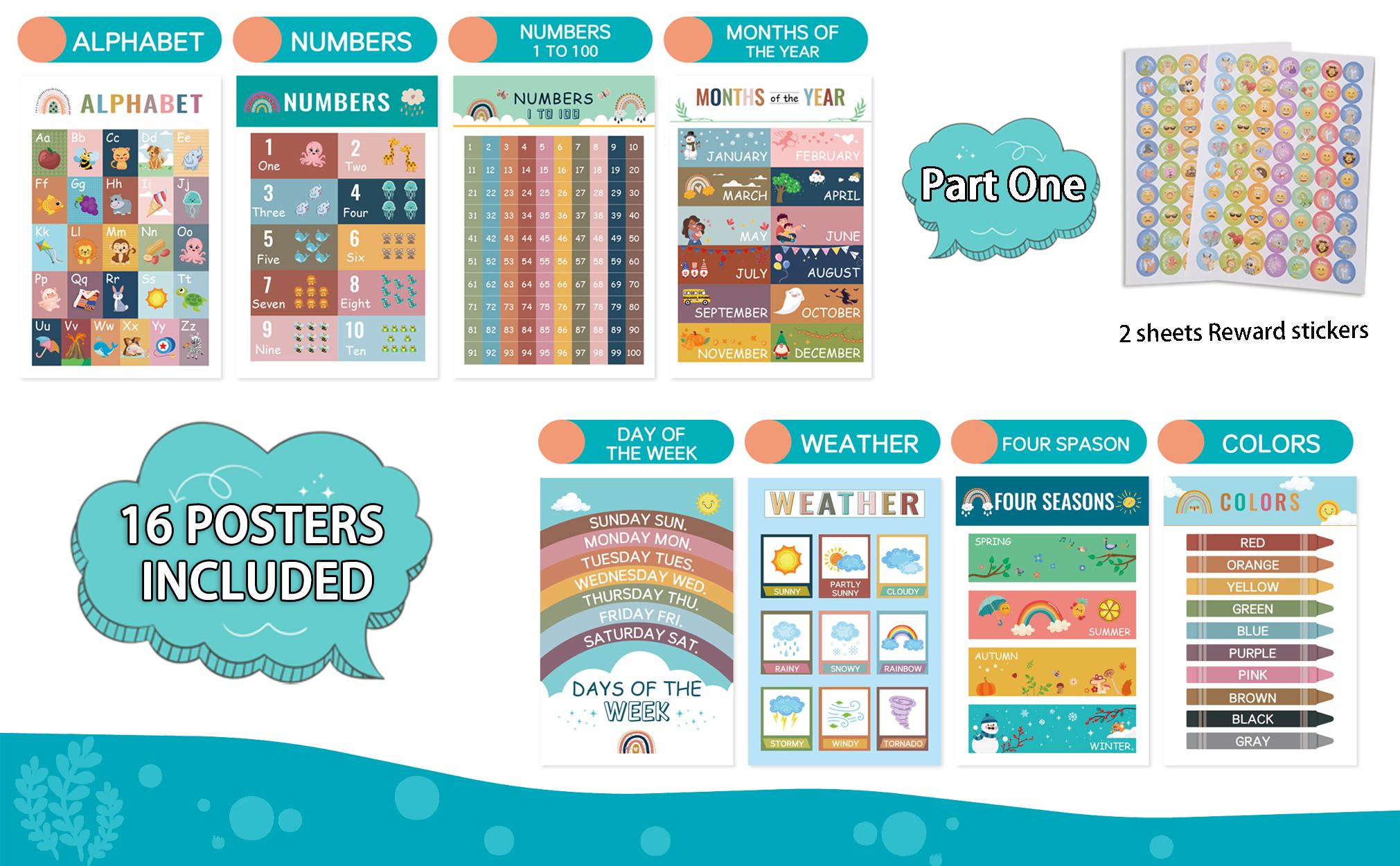 16 Boho Colorful Educational Posters for Toddlers Ages 1-5, Kindergarten Charts with Post Ideas, Aesthetic Wall Decor, School Supplies, Kids Learning Materials, Toddler Gifts, Office Stationery