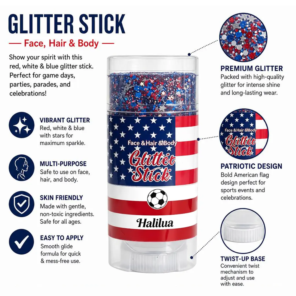 Self-Adhesive Glitter Stick | Red White & Blue Patriotic Body Makeup | 4th of July Independence Day Sparkle | Summer Vibes Festival Party Glitter | Waterproof Long-Lasting Shine for Sports Games & Holiday Gifts,summerwins