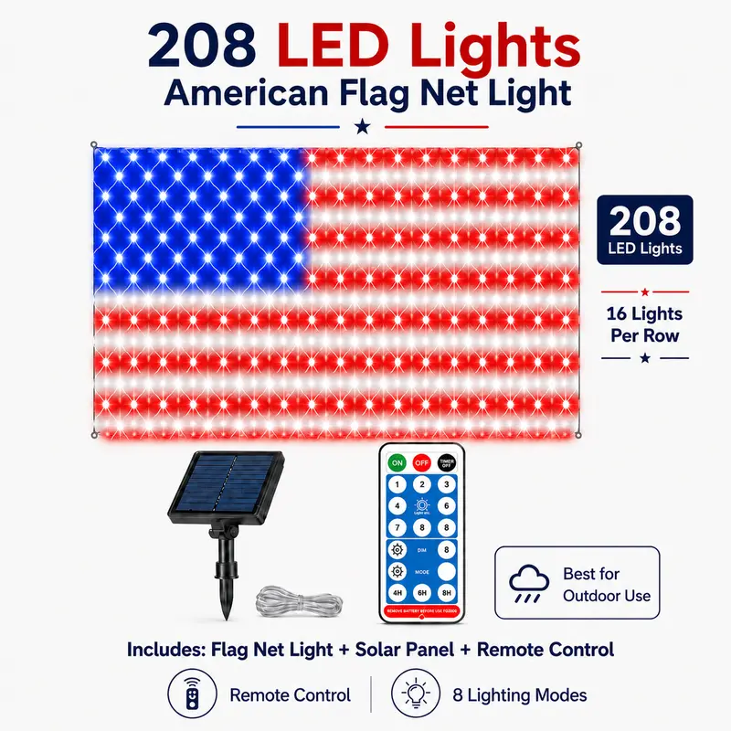 Solar American Flag Lights Outdoor American Flag Net Lights 6.5ft x 3.28ft Super Bright,Memorial Day Decorations of The United States for Independence/National/Memorial Day,July 4th Waterproof solar lights outdoor