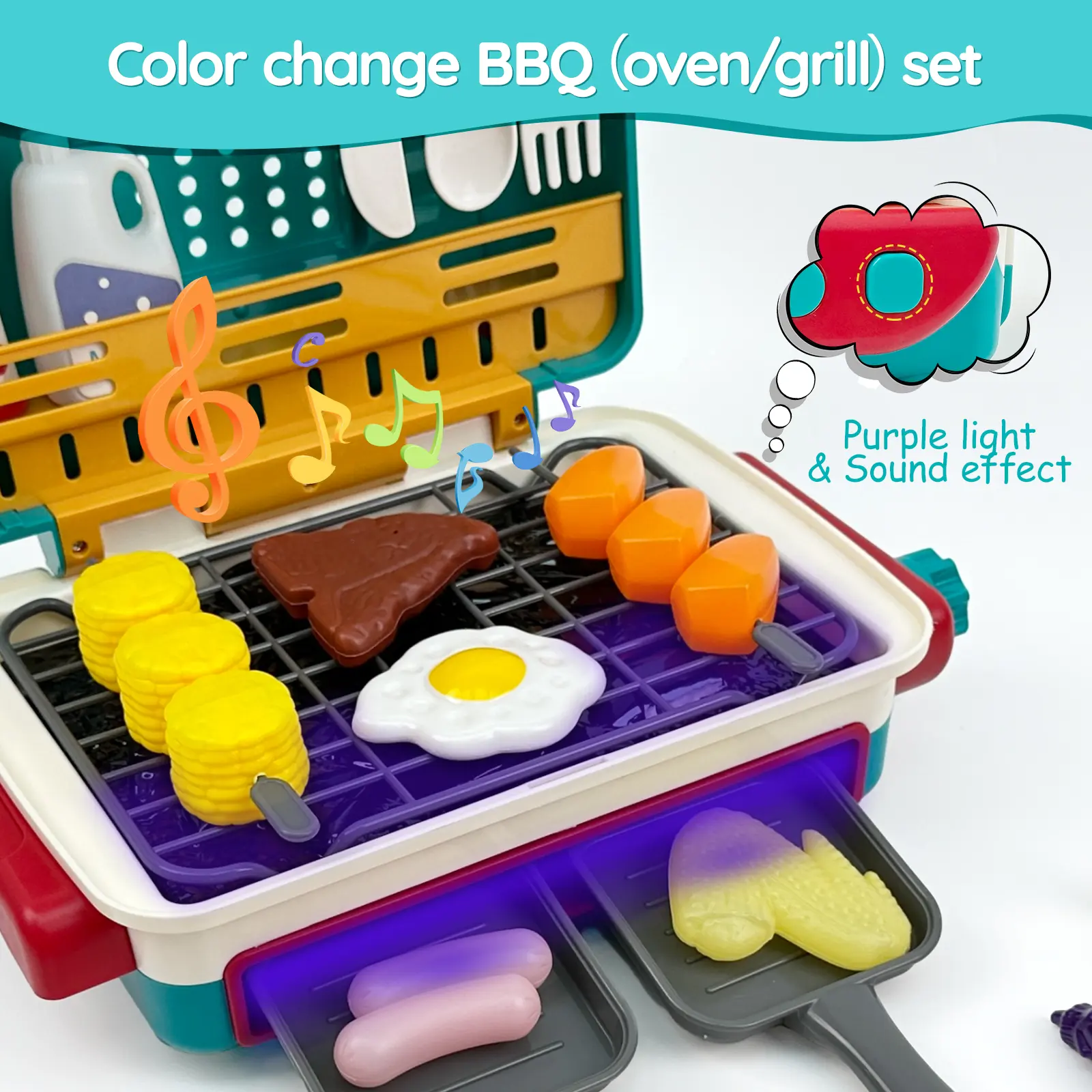 Kids BBQ Grill Playset with Smoke Light Sound, Toy Grill Set with Play Food Cooking Accessories, Pretend Kitchen Toy