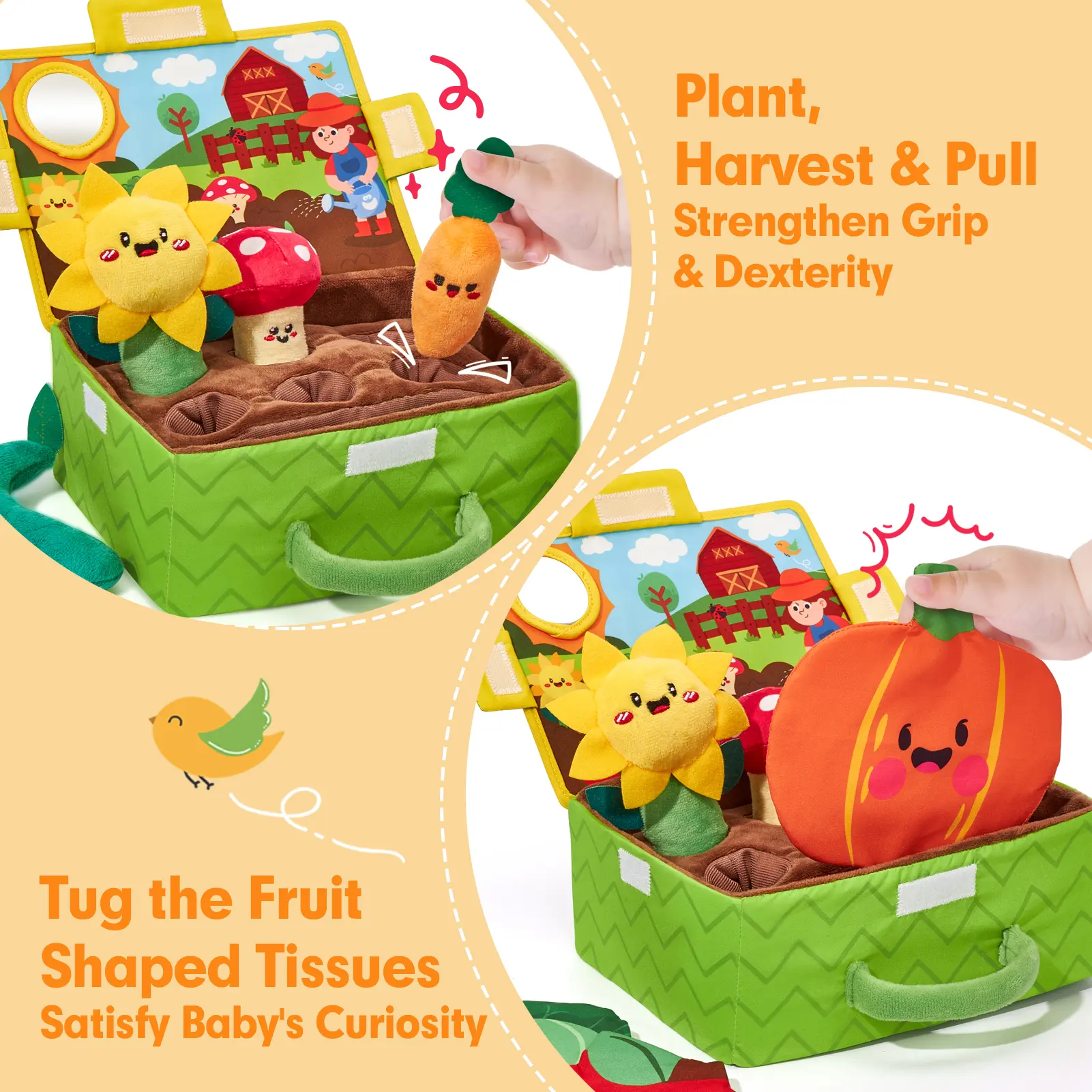 My First Garden Stuffed Toys Set-Fruits Vegetables Garden Plant Plush-Sensory for Babies 6-12 Months,Montessori Sensory Toy Carrot Flower with Rattles Mirror Squeaker Textures , Baby Gifts,Soft Huggable Stuffedtoy,Durable Soft Fluffy