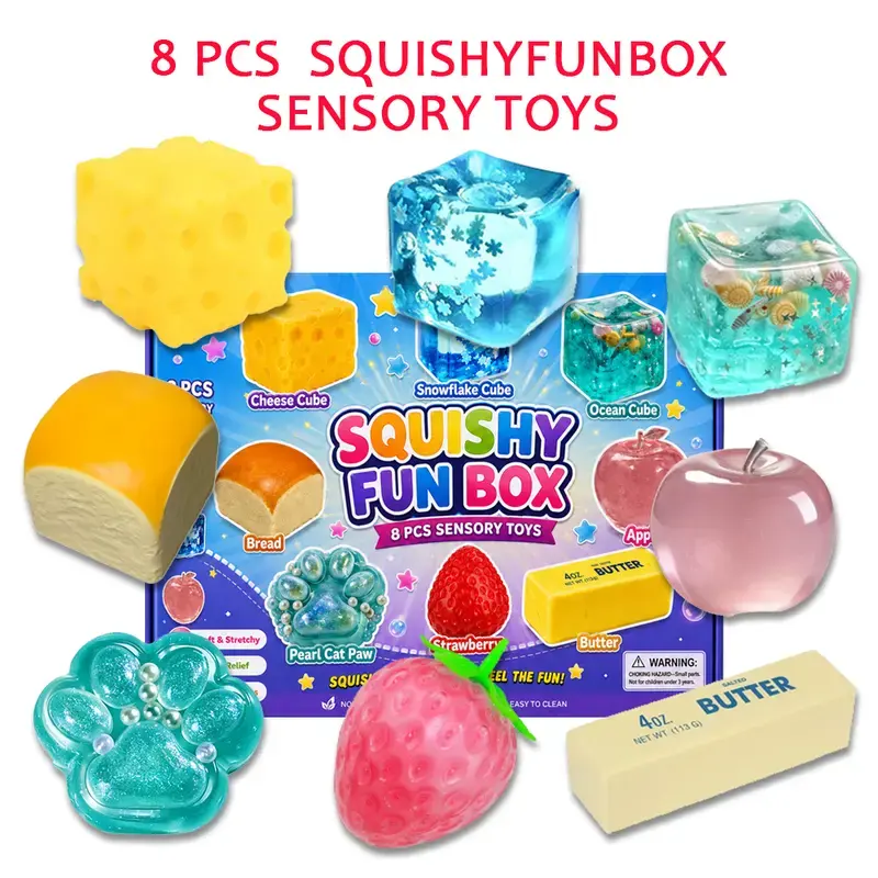 8-Piece Set Box Malt Sugar Stress Relief Fidget Toys, Sensory Bundle, Creative Slow-Return Squishy, Party Gift, 8 Different Styles