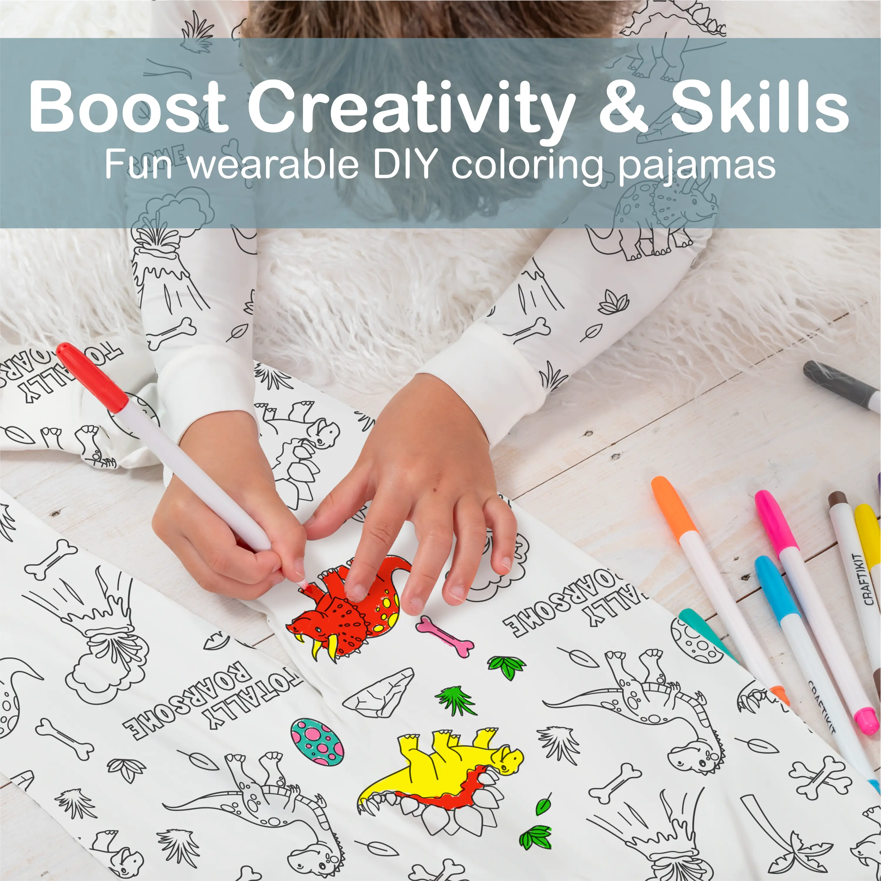 Kids' Bamboo Coloring Pajama Set - Child-Sized Pajama Sets, Toddler Sleepwear with 12 Markers for DIY Gift