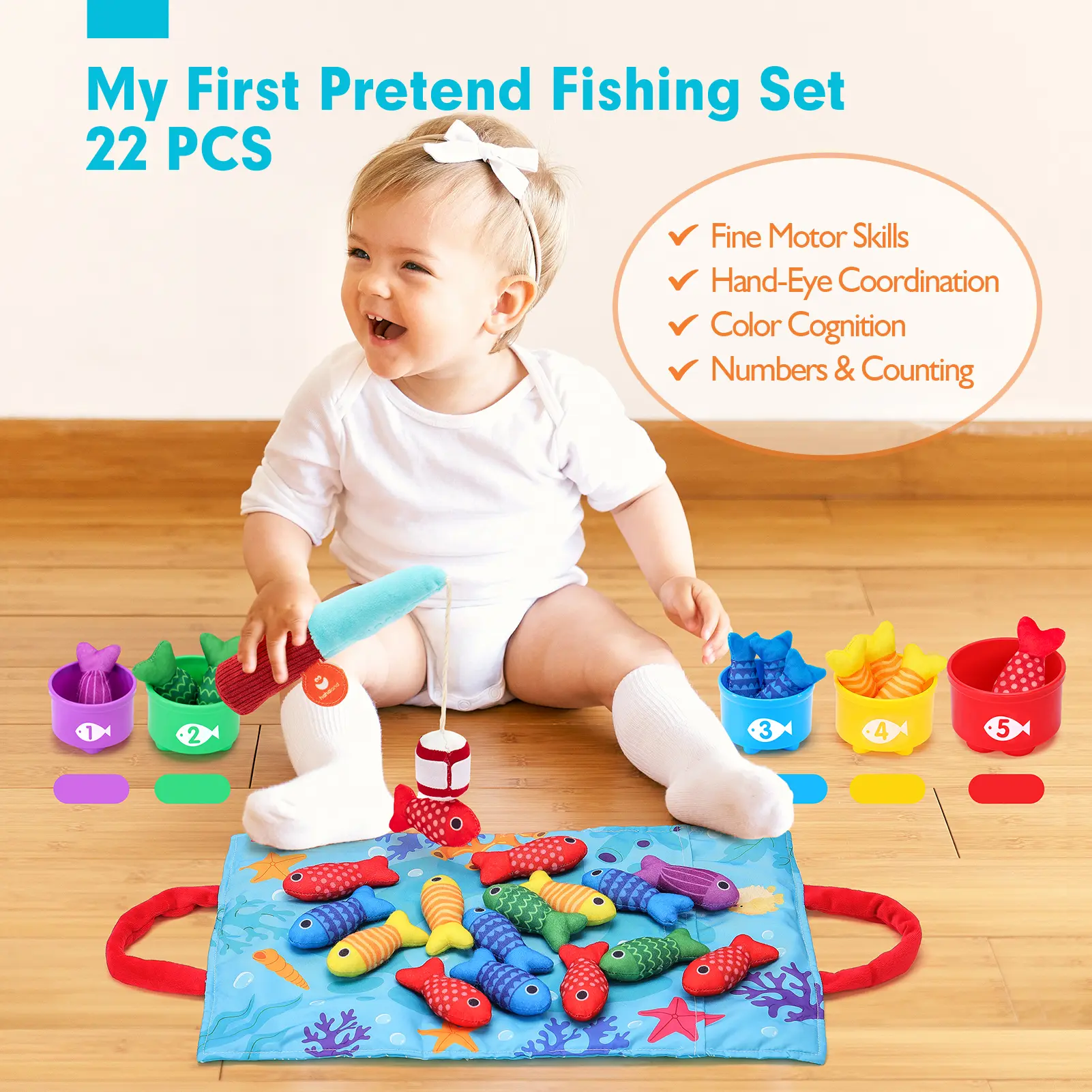 Oddler Fishing Set-10 in 1 Cloth Fishing Game Toddler Toys with Stacking Cups - Number Counting, Color Sorting Learning,Montessori-Inspired Fishing Game with 22 Pcs for 1 Year Old Boys Girls,Newborn/toddler Birthday Gift,Stackable Fish Buckets