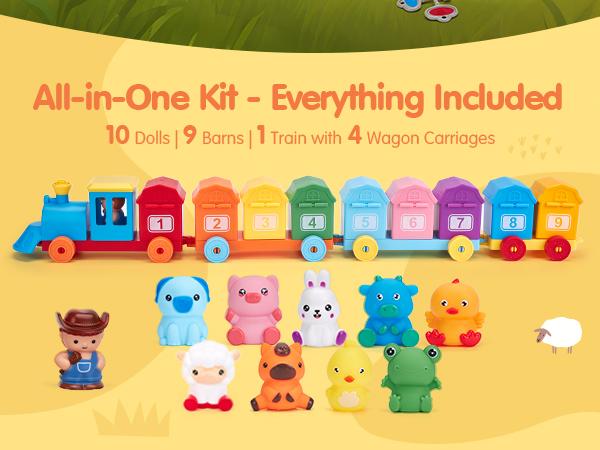 Hahaland Toddler Counting Matching & Sorting Activity Montessori Farm Train Set with Farm Animals Finger Puppets Keys to Lock and Unlock Barn Birthday Gift for Boys Girls 1-3Year Old Busy Board Magnetic Building Blocks