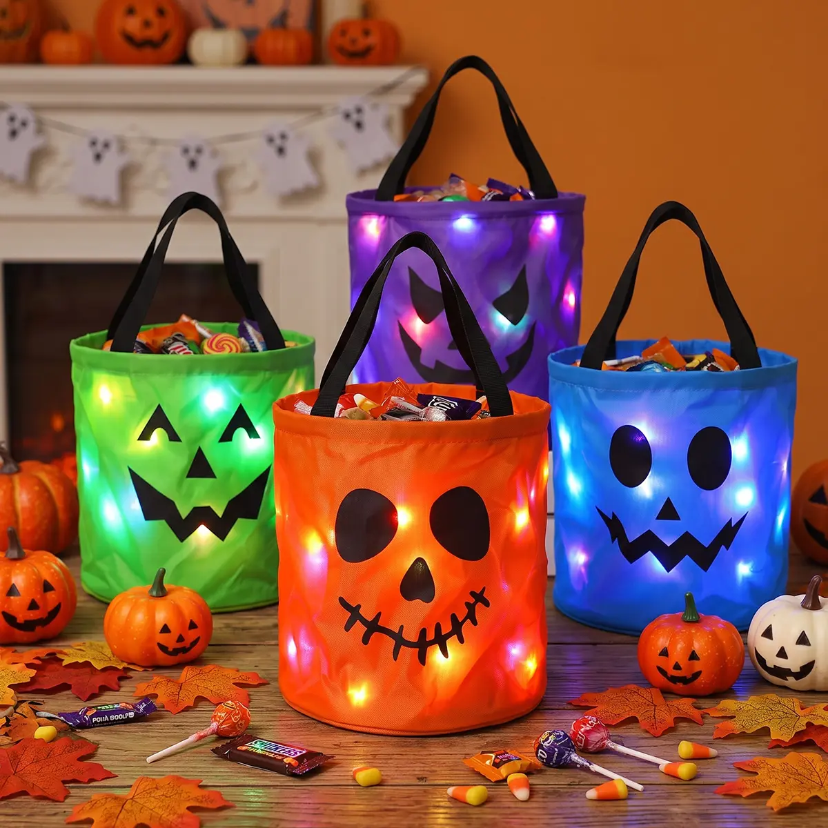 Halloween Candy Bucket with LED Lights, 13.39x8.66 Inch Trick or Treat Bags Non Woven Gift Bags Pumpkin Candy Bags Reusable Tote Bags for Kids Students Adults, Night Light Bags for Garden Lawn Decorations, Halloween Christmas Party Favor Supplies