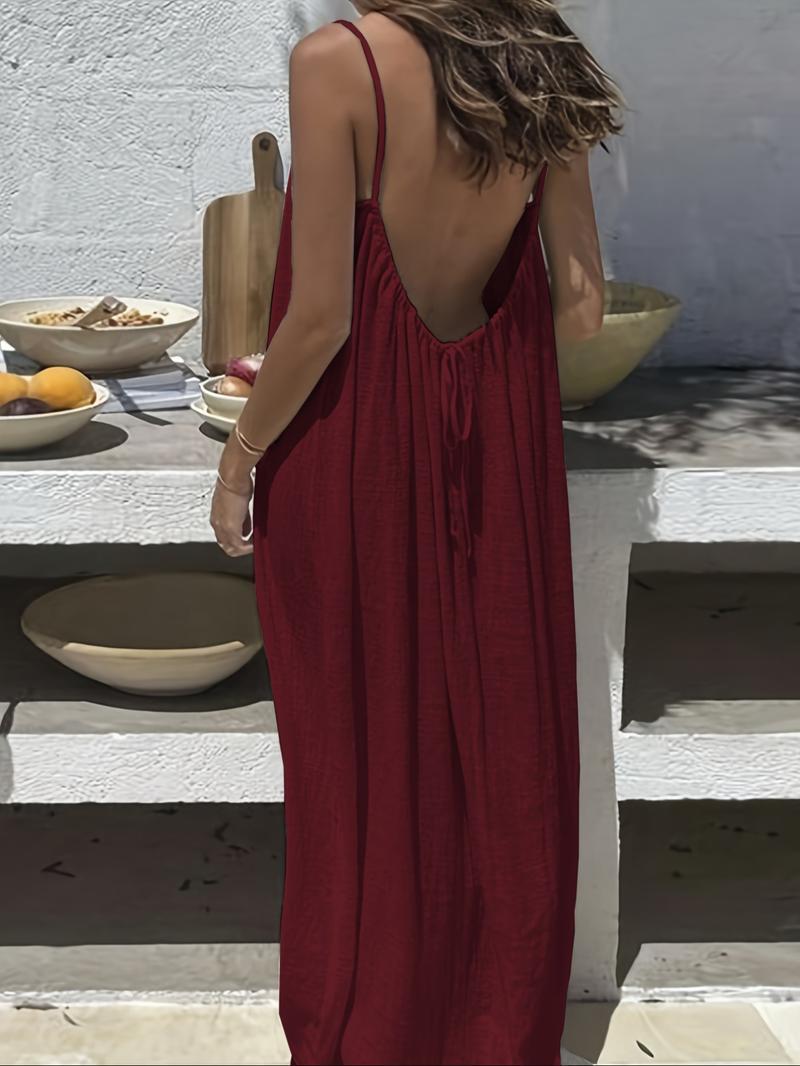 Women's Solid Color Cami Lounge Dress, Elegant Sleeveless Long Dress for Summer, Ladies Sleepwear for Indoor Wear
