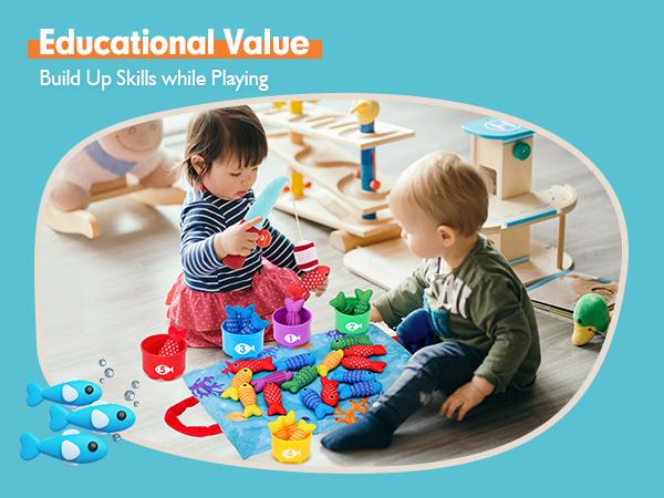 hahaland Toddler Fishing Set-10 in 1 Cloth Fishing Game Toddler Toys with Stacking Cups - Number Counting, Color Sorting Learning,Montessori-Inspired Fishing Game with 22 Pcs for 1 Year Old Boys Girls,Newborn/toddler Birthday Gift,Stackable Fish Buckets