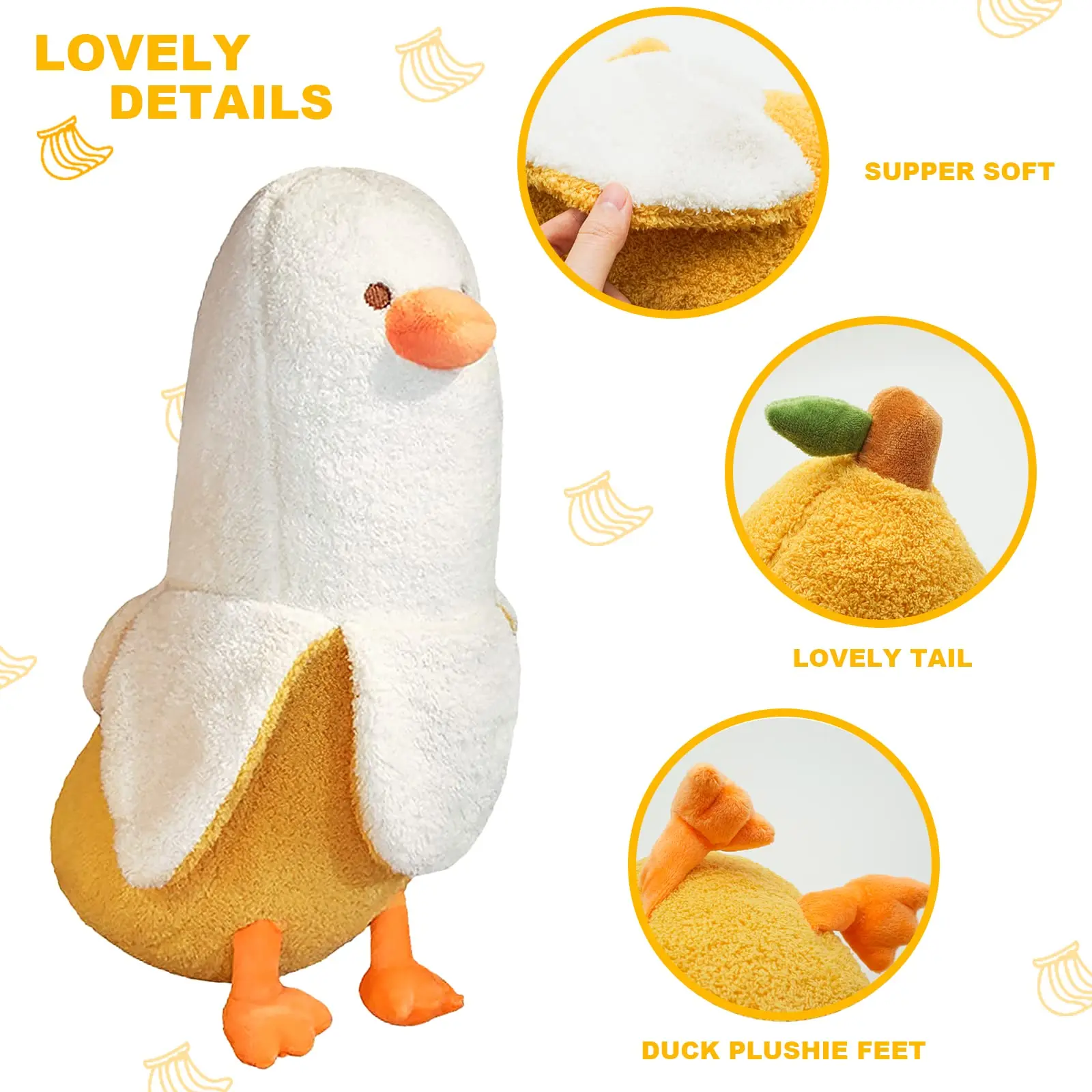 Cute Banana Duck Plush Stuffed Animal Toy for HomeDecoration Squishy Plushie Toy Comfort Plush for Gifts Soft Huggable for Parent-Child Interaction Couples & Friends Prank Toy Party Fun Gift for Kids