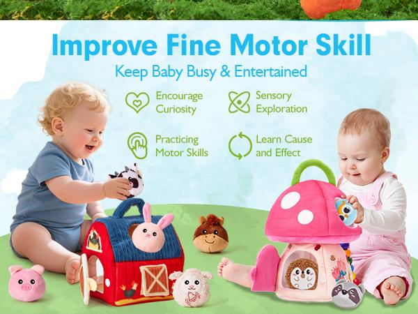 hahaland Surprise Barn with Stuffed Farm Animals/Bunny Mushroom:Rattle, Crinkle Paper, Mirror - Montessori Developmental toddler  Toys,Farm Plush Toys for Babies Travel Toy,For 0-3 Months/6-12  Months gift Playpen Nursery
