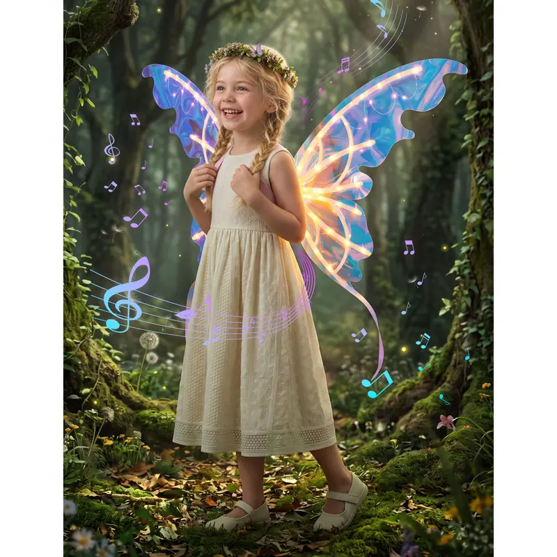 Electric Butterfly Wings Set, Moving Fairy Wings with Music and LED Lights, Light up Glowing Angel Wings Costume for Kids Girls for Halloween Cosplay Party, Birthday Gifts